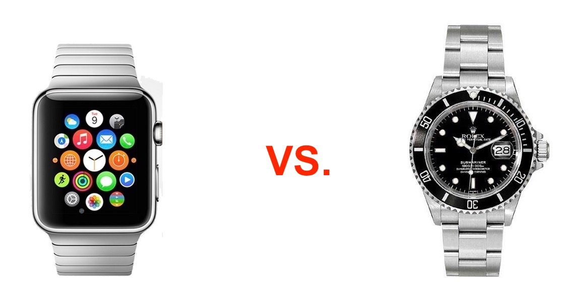 An Apple Watch next to a Rolex Submariner, side by side