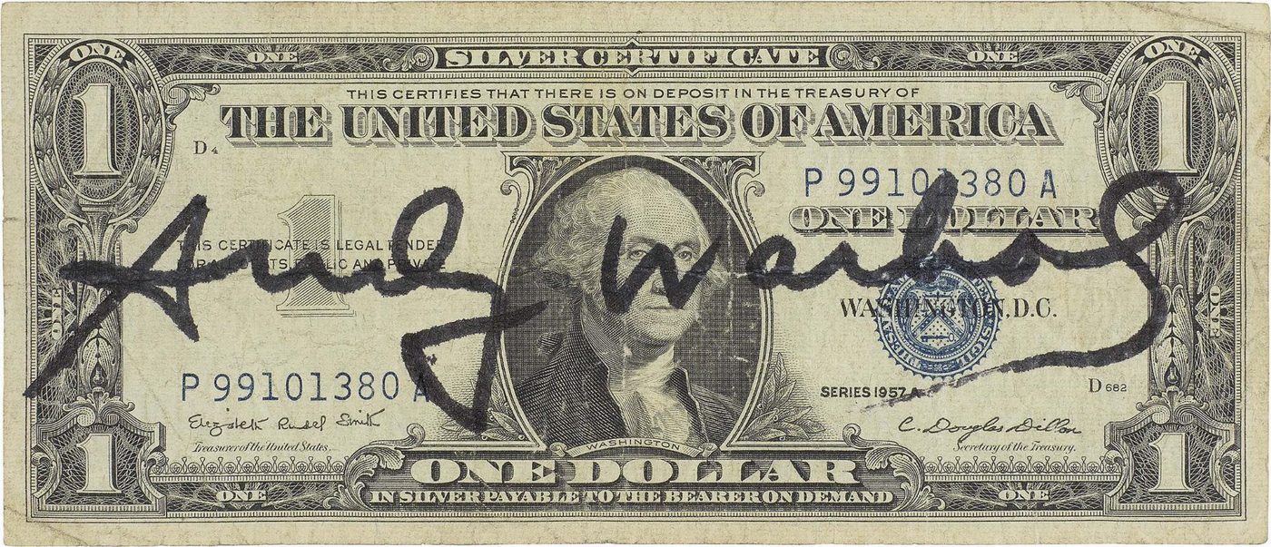 A one dollar bill signed by Andy Warhol